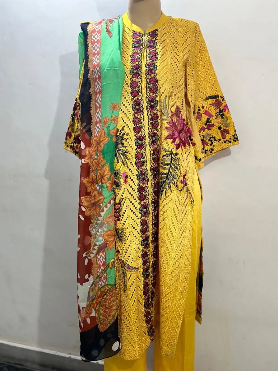 Yellow embroidered suit with digital printed silk dupatta