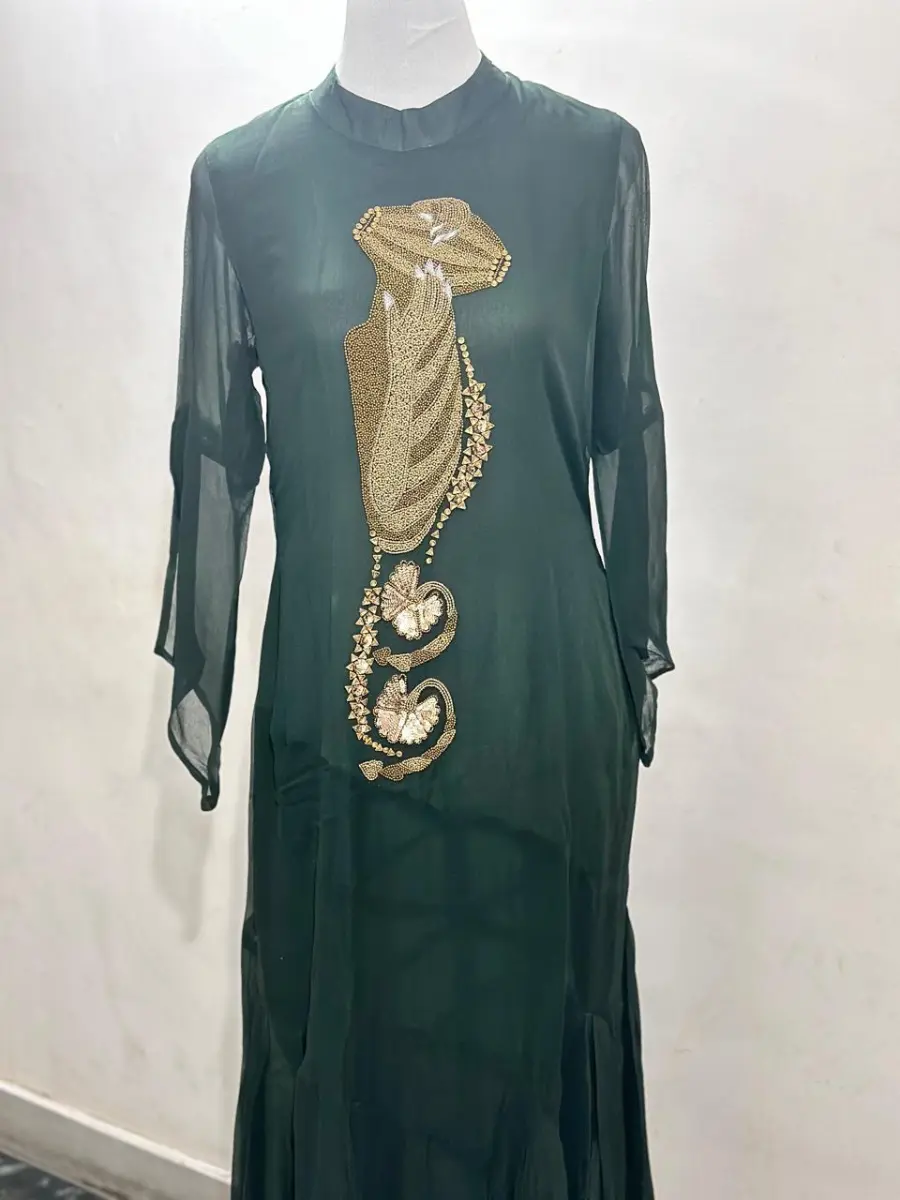 Hand embroidered green georgette dress