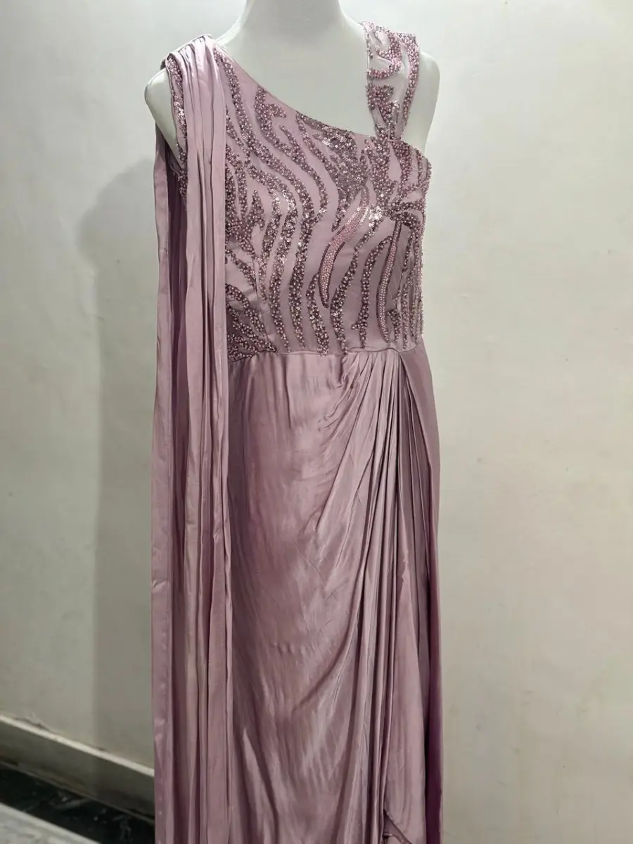 Mauve hand embroidered off shoulder dress